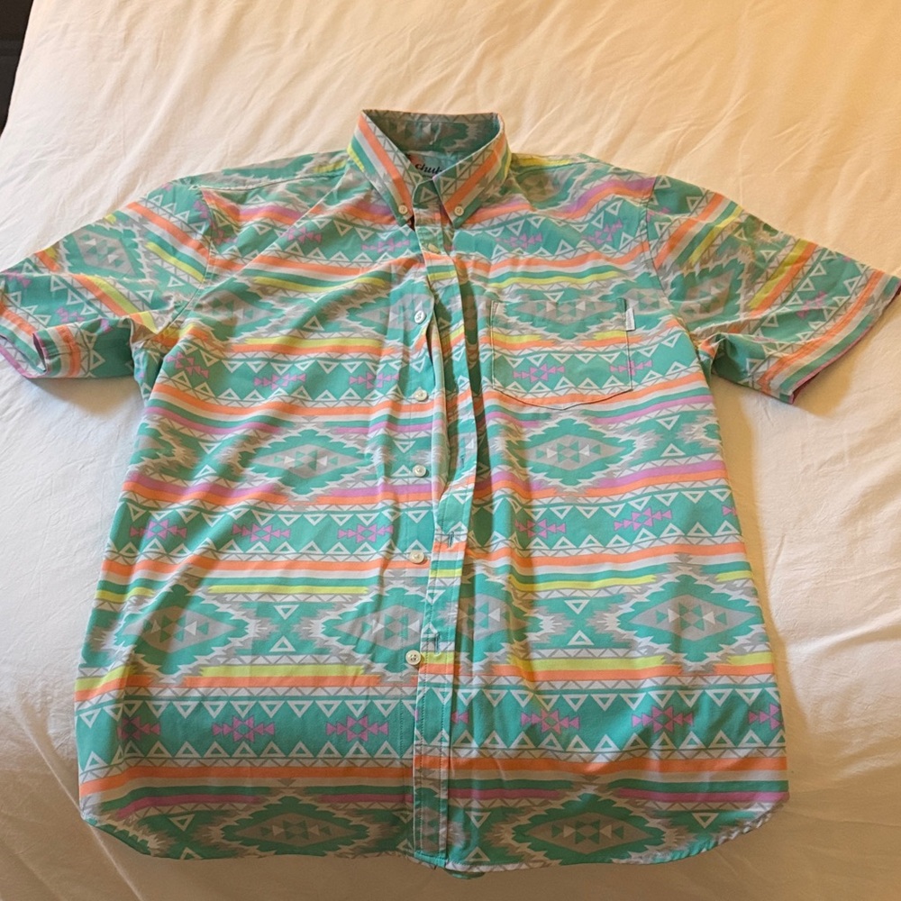 Chubbies Teal and Pink Geometric Button Down Shirt